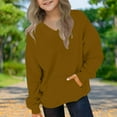 thumbnail image 2 of Teens V Neck Sweatshirt No Hood Thin Fleece Sweatshirts Child Long Sleeve Soft Pullover Sweatshirts with Pockets Fleece Lined Hoodies for Girl Brown 7Y, 2 of 8