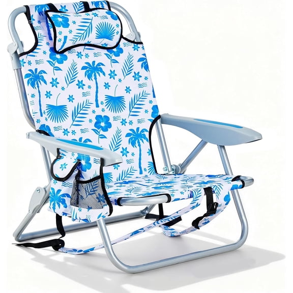 Portable Beach Chair for Adults, Outdoor Camping Chair Lay Flat Folding Backpack Beach Reclining Chair with 5 Positions, Headrest, Cup Holder, Heavy Blue Coconut Tree