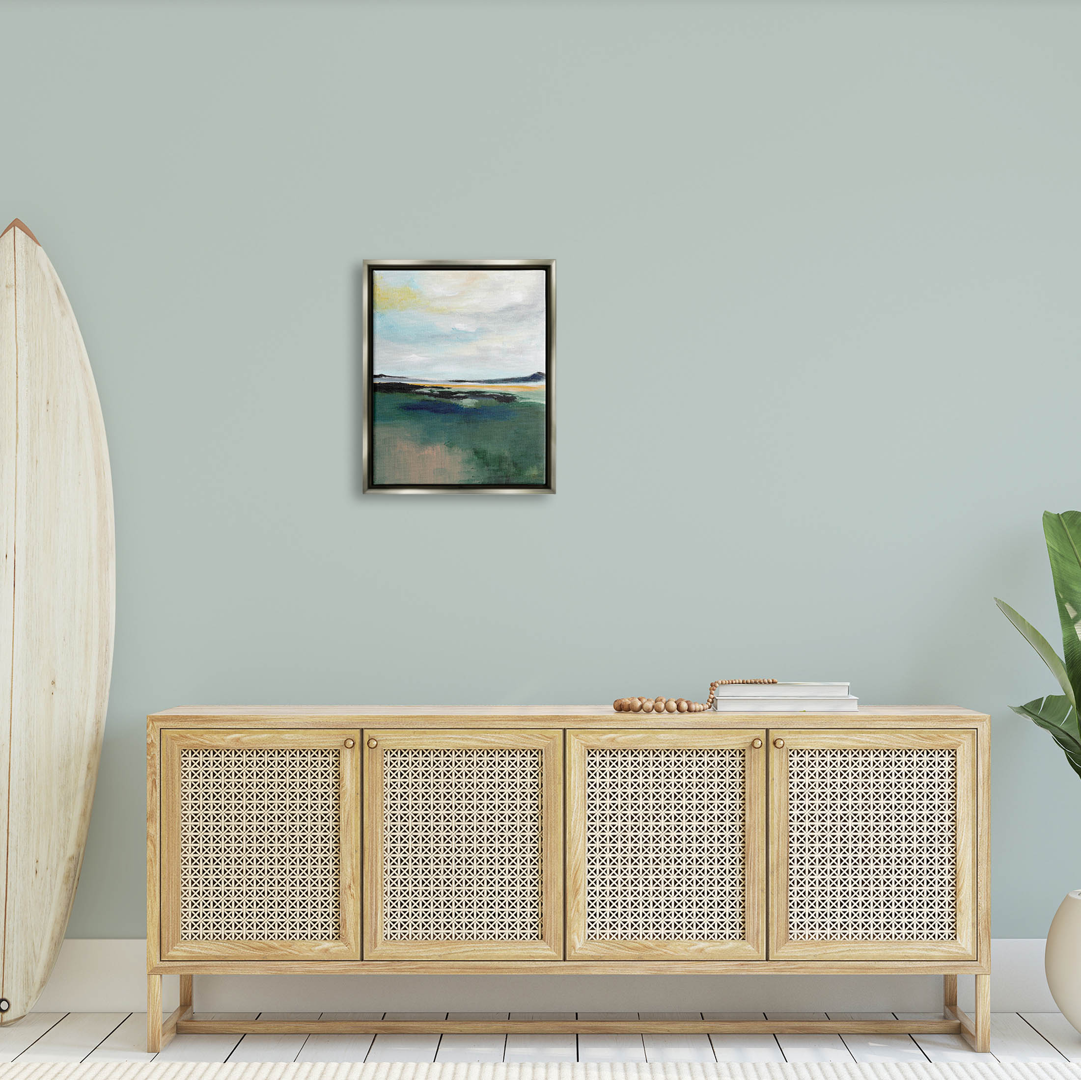 Stupell Industries Modern Cloudy Distant Beach Shore Painting Luster Gray Floating Framed Canvas Print Wall Art, Design by Nikita Jariwala