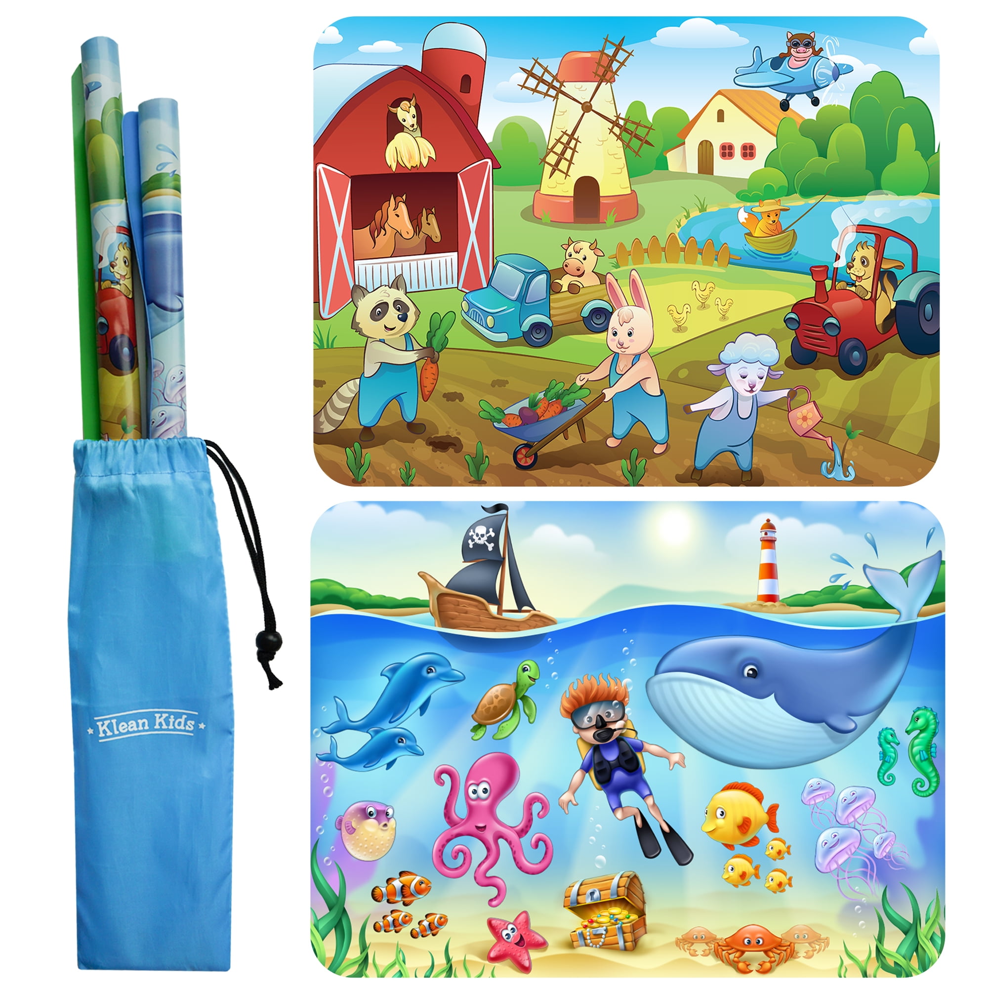 2Pack Sticky Silicone Placemats Set with Packsack Sealife and Farm