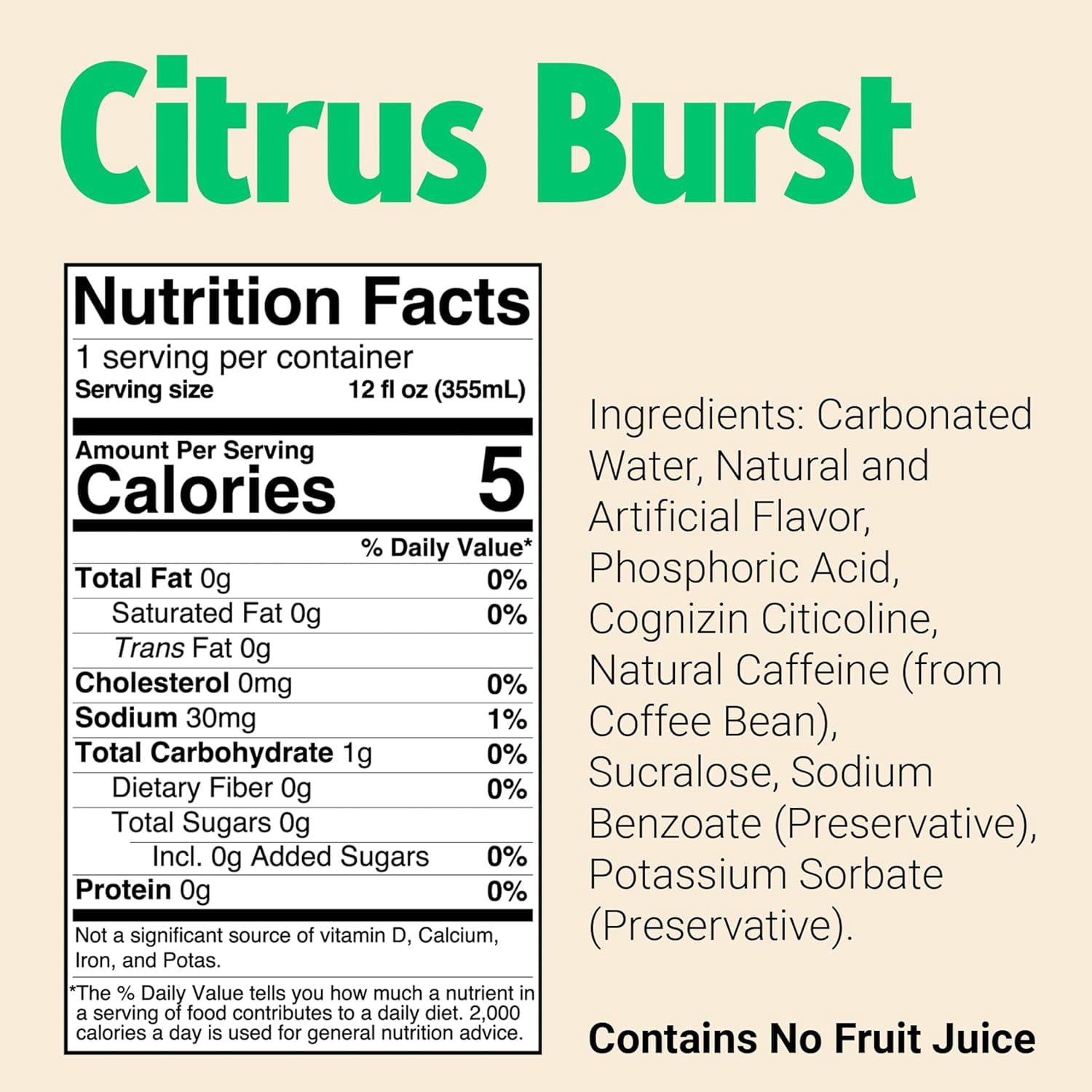 BUM Sugar-Free Energy Drink, Citrus Burst - Lightly Carbonated & No Artificial Colors, Natural Caffeine & Citicoline for Energy & Focus, Brain Boost & Workout Sports Beverage - 12 oz, Pack of 12