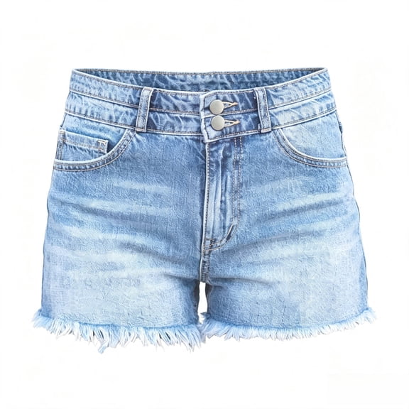 Women's High‑Rise Denim Shorts, Light Wash Jean Shorts with Double Button Waist & Frayed Raw Hem, Sizes 6-20