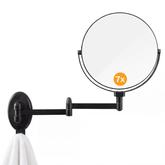 Behome Wall Mounted Makeup Mirror with Hook, No-Drill Double-Sided 1X/7X Magnifying Mirror, 360°Rotation & 11.6" Extendable Swivel Arm Vanity Mirror for Bathroom, Makeup