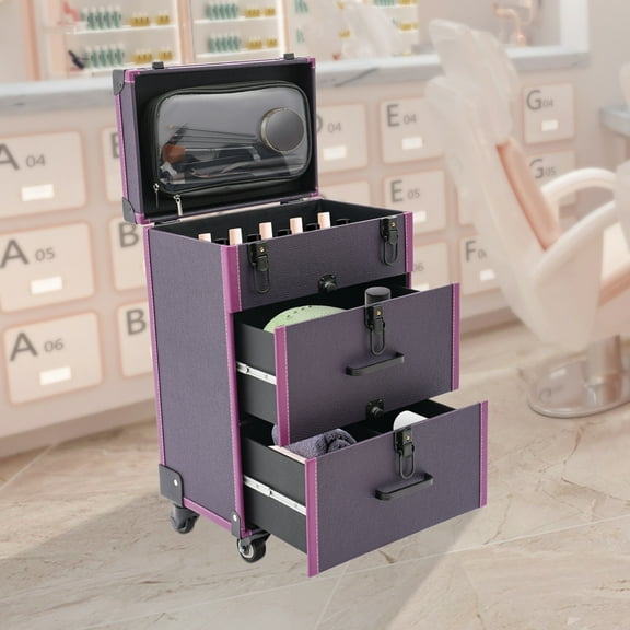 Versatile Rolling Makeup Case - Spacious Organizer with Locking Latches, Universal Wheels, and Removable Clear Bag for Artists & Enthusiasts