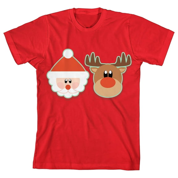 Cartoon Santa Claus With Reindeer Youth Girl's Red Short Sleeve Crew Neck Tee-Medium