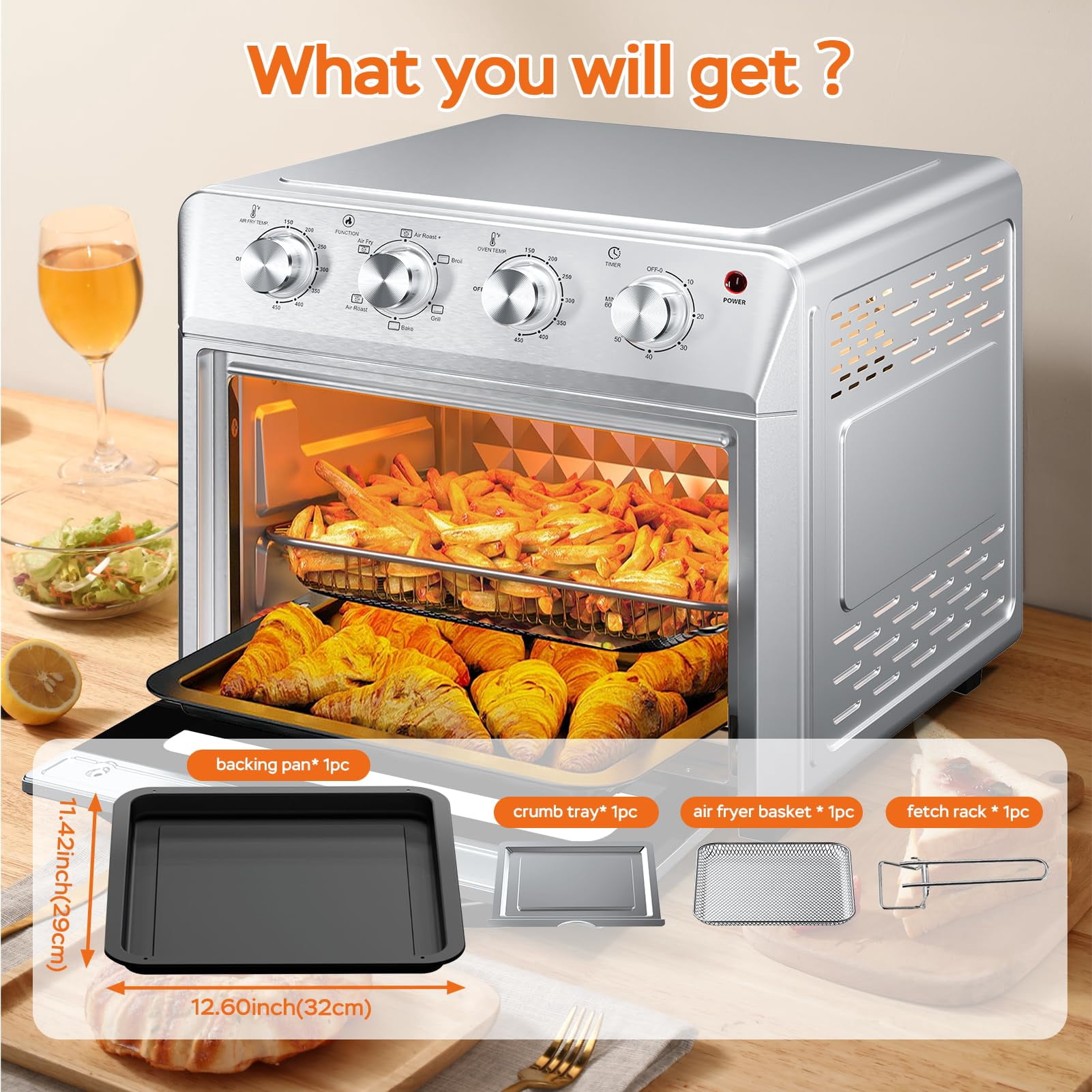 Plum chef 27.5QT 6-in-1 Air Fryer Toaster Oven Extra Large Dropdown-Door 6-Slice Convection Oven for Air Frying, Baking, Roasting, Broiling & Grilling, Stainless Steel Housing, Stainless Steel