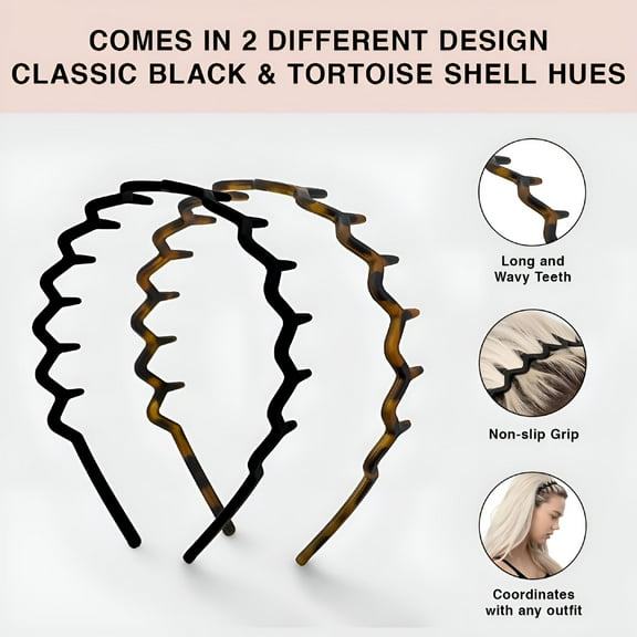 TELOLY Recycled Plastic Classic 90s Wavy Headband, Off-White, 2pc