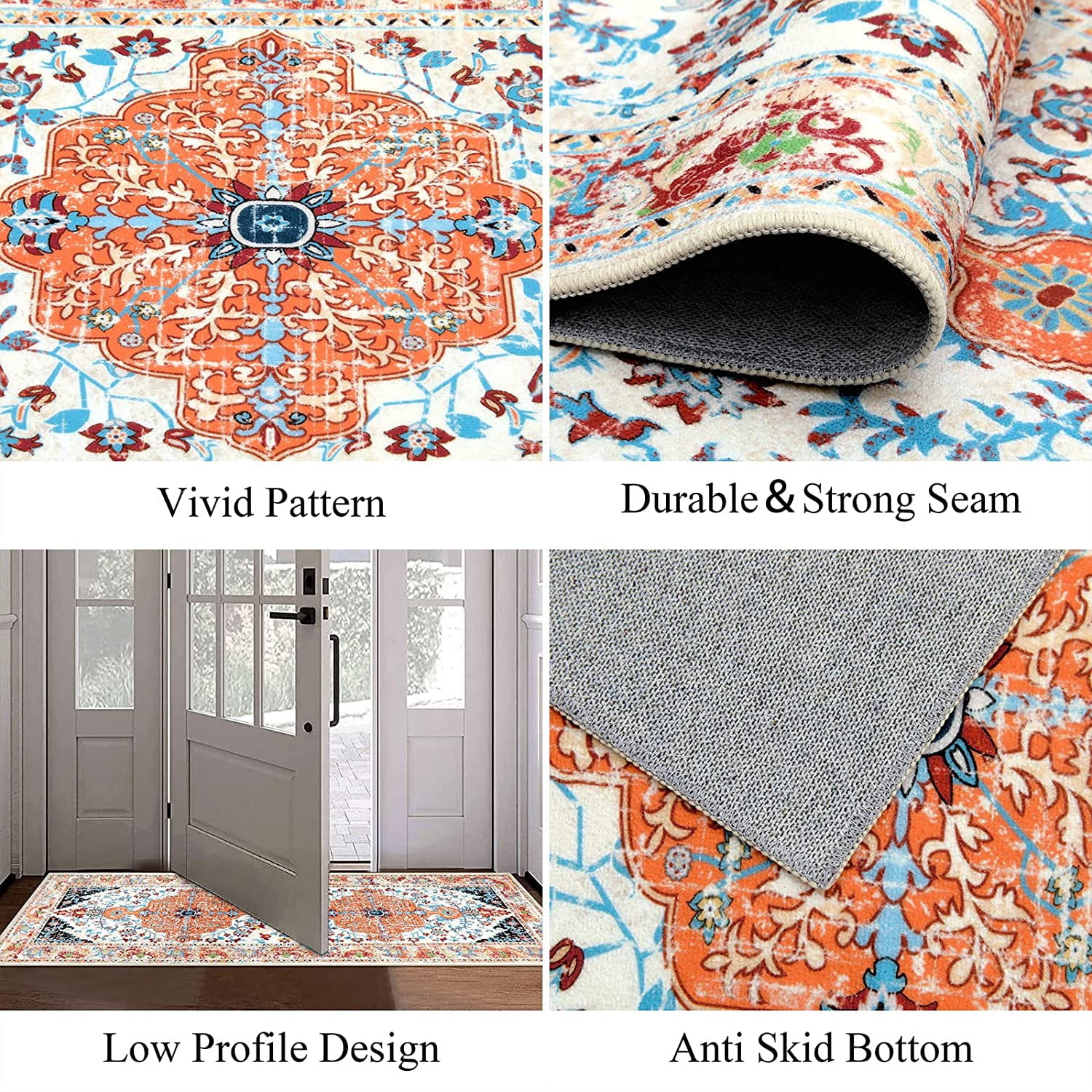 Findosom 2'x6' Vintage Boho Runner Rug Washable Non-slip Area Rug,Hallway Indoor Farmhouse Bedroom Kitchen Living Room Non Shedding Runner, Contemporary Low Plie Floor Carpet Doormat,Orange