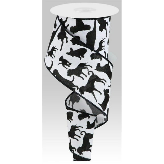 Dog Christmas Ribbon/Tree Garland/Wreath Ribbon, Assorted Black Dogs on White Wired Ribbon, 2.5" Wide x 10 YardsRG0163527