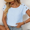 thumbnail image 5 of DuoJiaJ Women Casual Solid Color Blouse Jacquard Hollow Short Sleeved Top Casual V-Neck Tops Blue L, 5 of 5