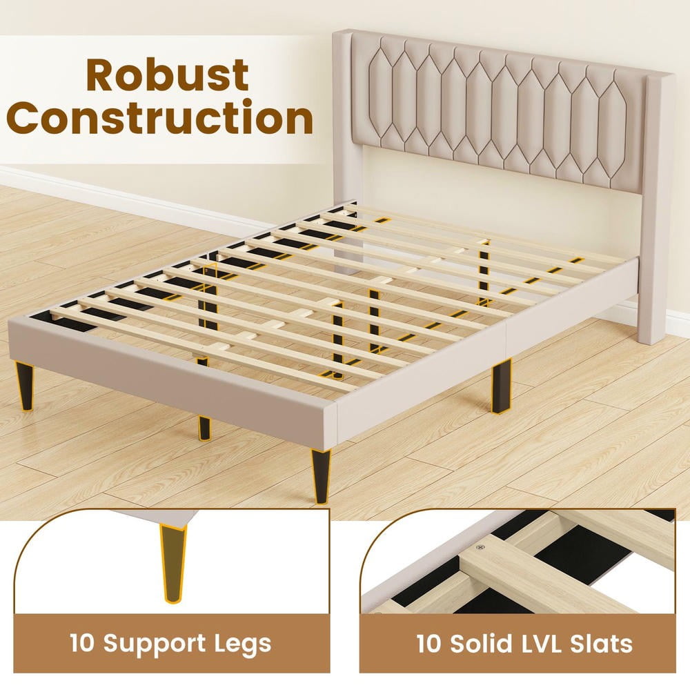 GVN Queen Size Dutch Linen Fabric Upholstered Sturdy Bed Frame with Wingback Headboard and Wooden Slat Support, Bedroom Platform Bed Frame for Apartment, Bedroom, Beige