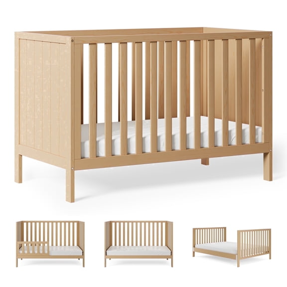 HARPPA 5-in-1 Convertible Baby Crib, Solid Pine Wood Full-Size Crib with 3 Mattress Heights, Natural Wood,Greenguard Gold Certified
