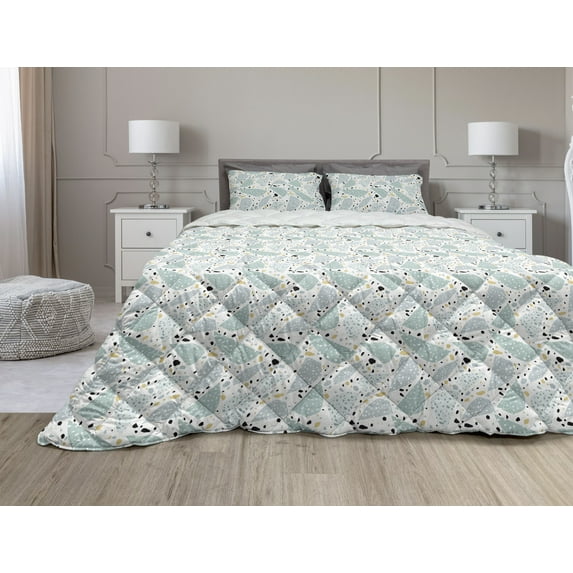 Abstract Comforter & Sham Bedding Set, Scattered Cluttered Layout of Irregular Shapes Dotted Motifs Pattern, 3 pcs Duvet Set Microfiber Filling Quilt, 5 Sizes, Pale Seafoam and White, by Ambesonne