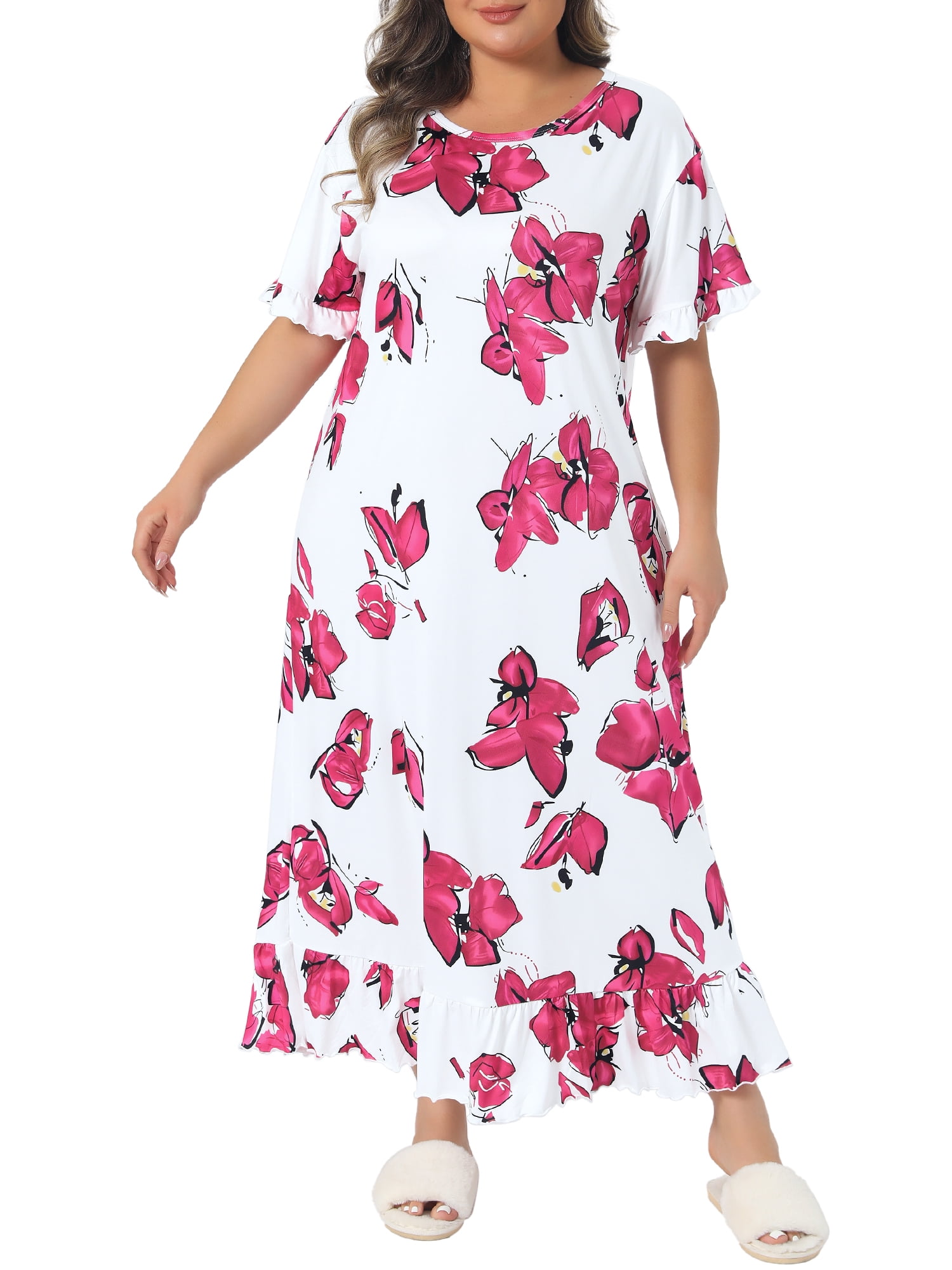 DARING DIVA Women's Plus Women's Floral Maxi Nightgown Sleepwear 5X White Pink
