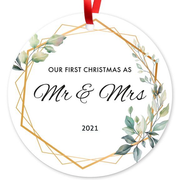 Our First Christmas As Mr & Mrs 2020, Christmas Decorations Gift Ornaments, 3.75" Coated Aluminum Round