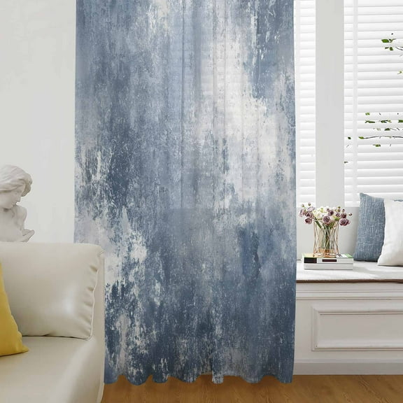 Blue Grey Semi Sheer Curtains Drapes for Living Room, Bedroom, French Doors Window 63 Inches Long, Oil Painting Modern Abstract Rod Pocket Chiffon Curtain Drapery Voile Draperies Panel