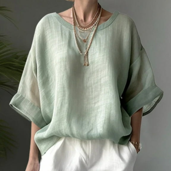 iHengLiXing Spring Plus Size Tops for Womens Dressy Casual Women's Casual Oversized Loose Solid Color Falling Shoulder Pullover Short Sleeved Round Neck Top/shirt Green XXXL