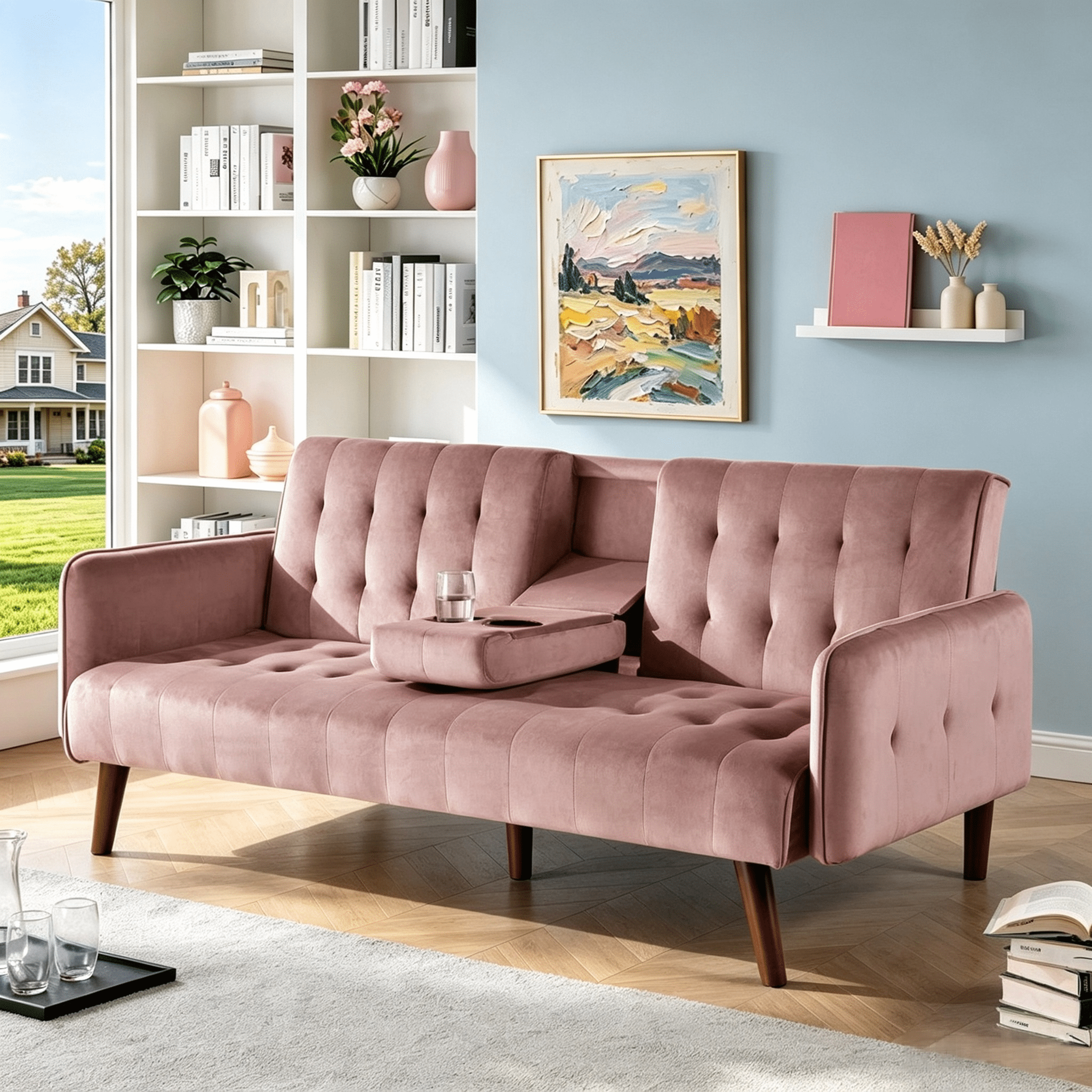 Gewnee 72" Sleeper Sofa Bed, Convertible Linen Futon Couch with Folding Backrest with Cup Holder,Modern Couch for Home and Guest Room，Pink