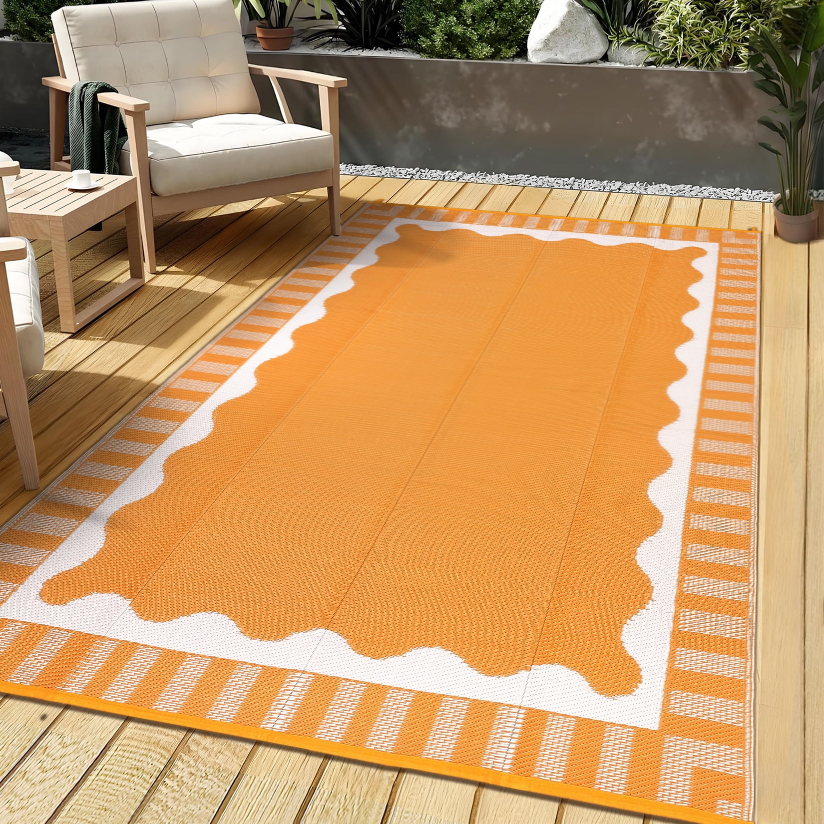 Garvee 9x12ft Outdoor Rug Modern Simple Reversible Area Rug, Plastic Straw Rug Waterproof Outdoor Carpet with Bordered Design for Patio Backyard Camping Beach RV Porch, Orange