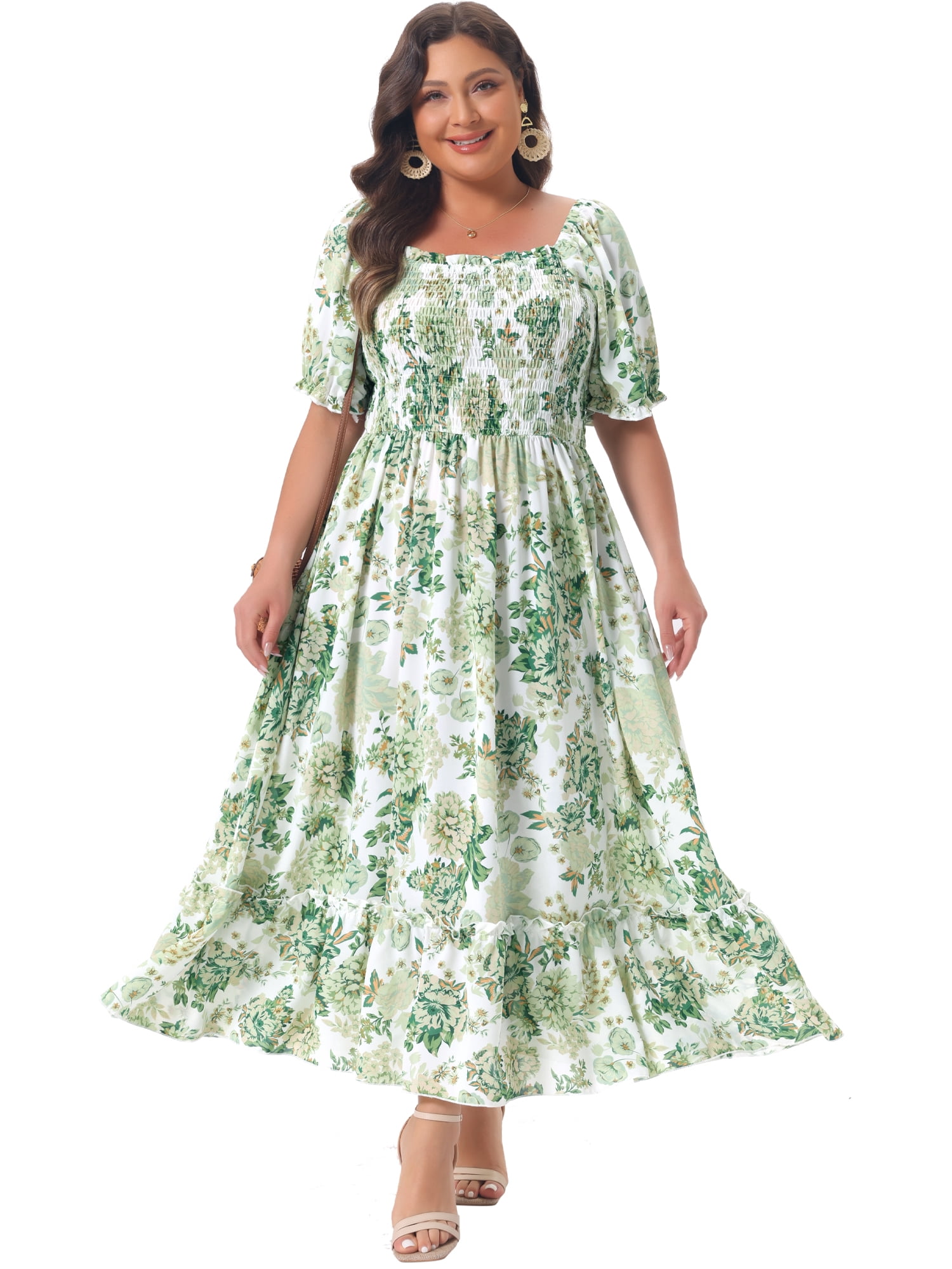 DARING DIVA Women's Plus Size Short Sleeve Square Neck Maxi Floral Dress 3X Green