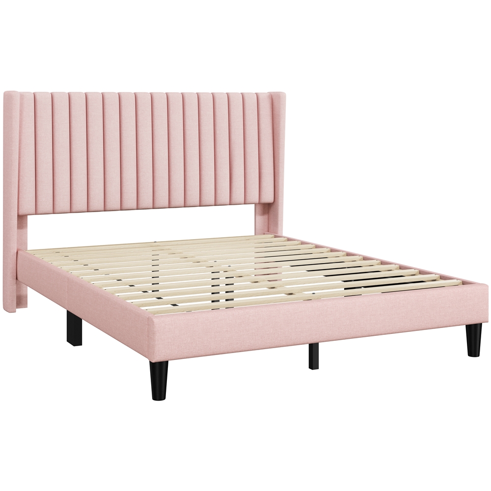 Yaheetech Upholstered Platform Bed Frame with Channel Tufted Headboard, Queen, Pink