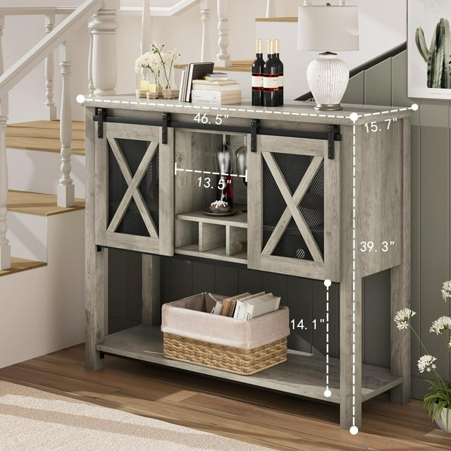 GloryStar Coffee Bar Sideboard Cabinet Storage with Wine Rack and Glass Holder, Console Table with Sliding Barn Doors, for Living Room, Dining Room,Liquor Bar