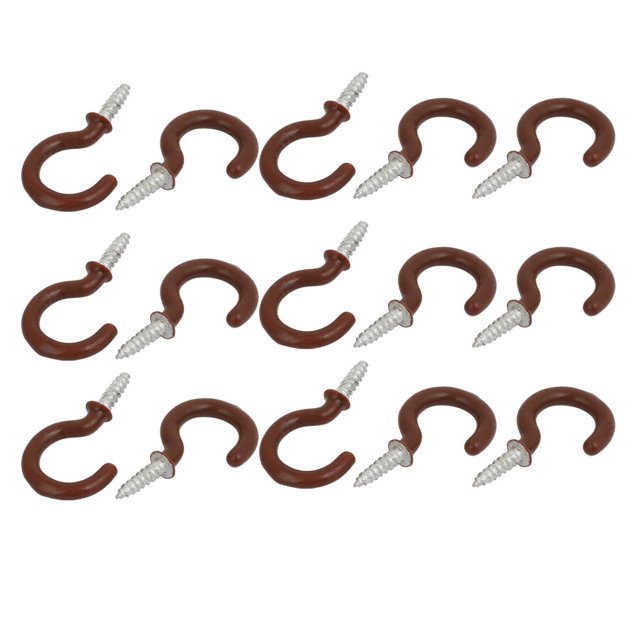 Unique Bargains 7/8 Inch Plastic Coated Screw-in Open Cup Ceiling Hooks Hangers Brown 15pcs