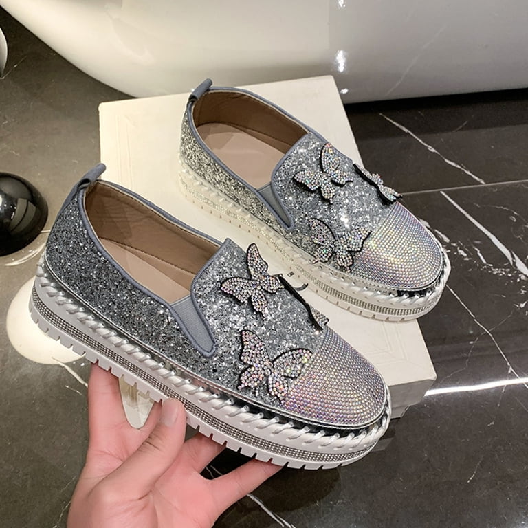 Tawop Women's Shoes Womens Dress Shoes Work Shoes Casual Slip On Round Toe Rhinestone Silver 10