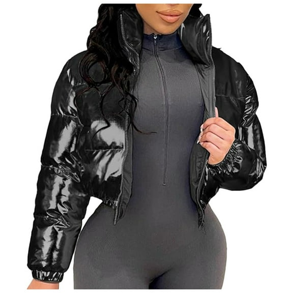 Luwomo Down Jackets for Womens Fall and Winter Stamping Clothes Cropped Long Sleeve Hooded Outerwear Tops Black,L