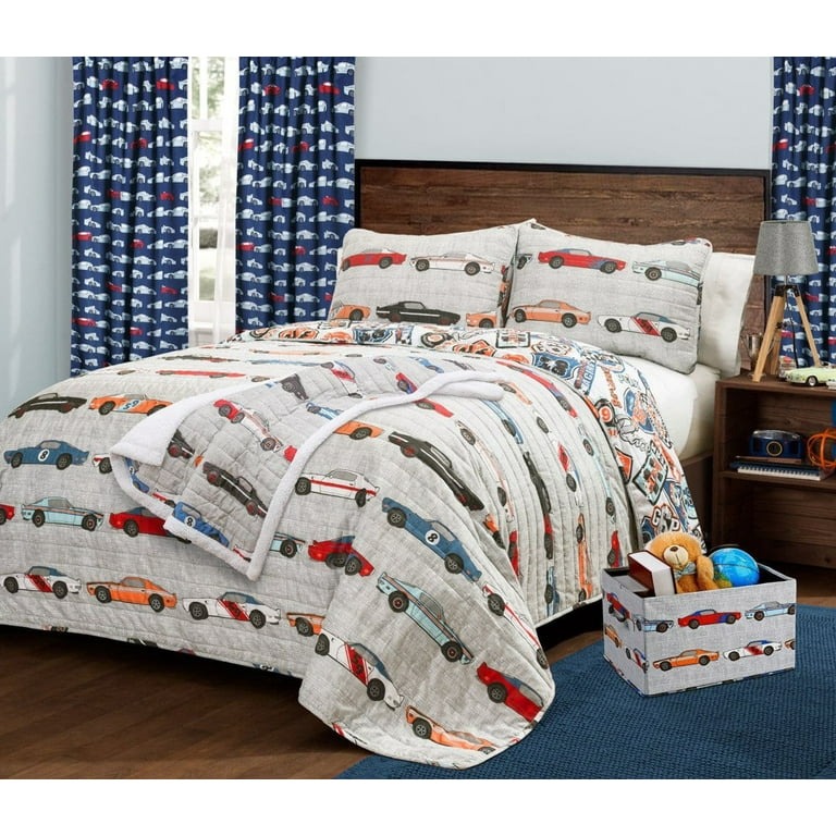 Lush Decor Full Size Bedding Set Race Cars Kids Polyester Reversible Quilt Blue Orange 3 Pc Walmart