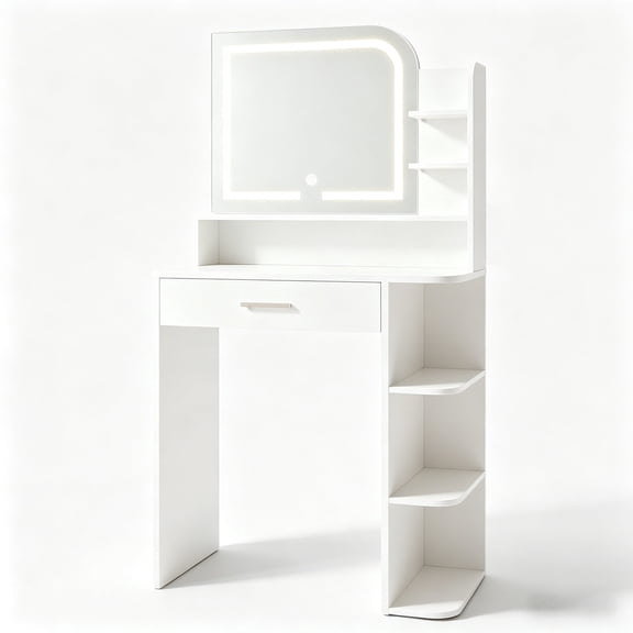 Akaber Makeup Vanity Desk with Mirror and Lights, 26.5" Small Vanity with Large Drawer and 6 Level Storage, White Vanity with 3 Color Lighting Modes