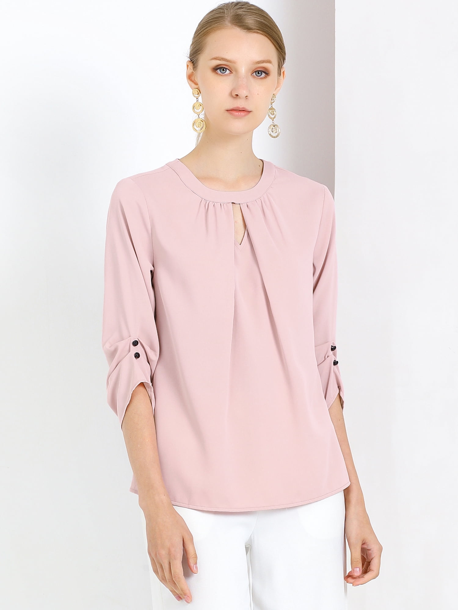 DARING DIVA 3/4 Sleeve Round Neck Keyhole Pleated Tops 3XL Pink