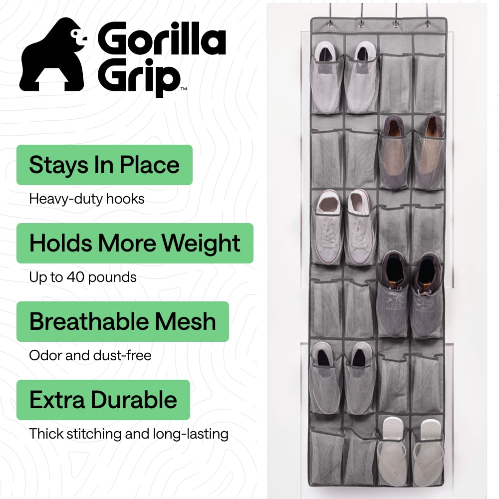 GORILLA GRIP 24 Pocket Over the Door Shoe Organizer, Mesh Pockets, Up to 40 Pounds, Hang on Doors, Gray Dark Gray Trim
