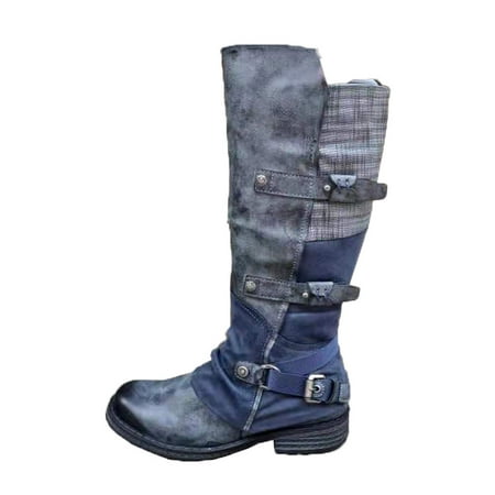 

Sentuca Women s Belt Buckle High Side Zipper Flat Heel Round Toe Rider Boots