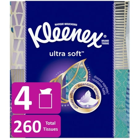 Kleenex Ultra Soft Facial Tissues, 4 Cube Boxes, 65 Tissues per Cube (260 Tissues Total)