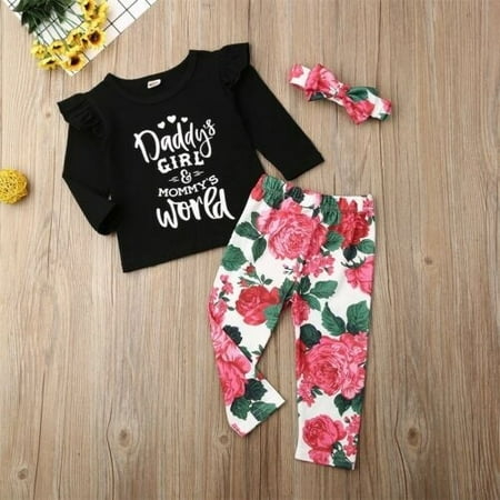 

Fashion Kids Girl Clothes Set Letter Shirts Floral Pants Headband Baby Girl Outfits 0-24M