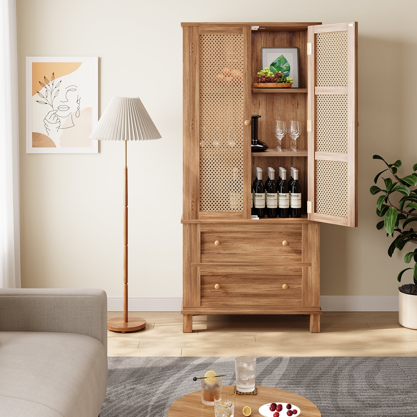 Maritcute Kitchen Pantry Cabinet with Rattan Doors, 2 Drawers, Adjustable Shelves, Suitable for Kitchen and Dining Room, Walnut Finish