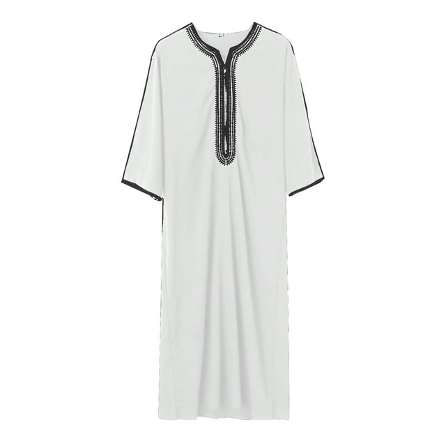 XDZJLR Mens T Shirts Arab Long Sleeve Embroidered Thobe Traditional Middle Robe for Muslim Wear Elegant Dress Long Robe With Pockets Tops