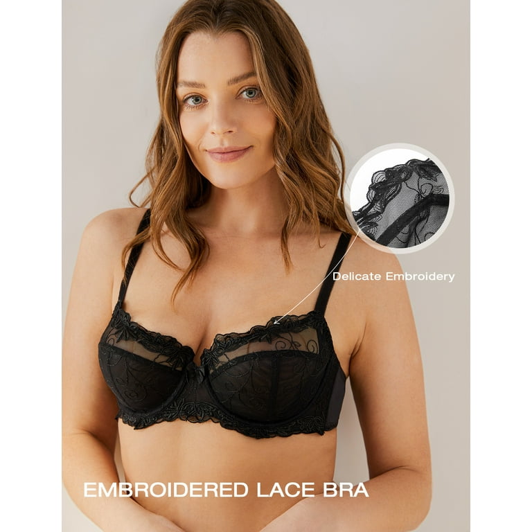 Deyllo Women's Sheer Lace Non Padded Full Cup Underwire Plus Size Bra,  Black 34DDD