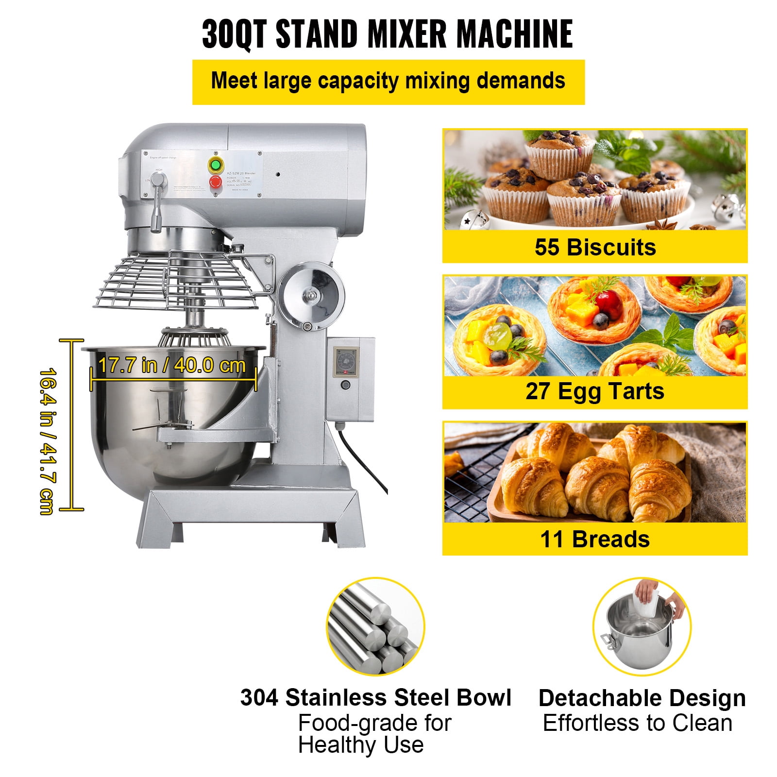 KFFKFF Commercial Food Mixer 30Qt 1100W 3 Speeds Adjustable 105/180/408 RPM Heavy Duty 110V with Stainless Steel Bowl Dough Hooks Whisk Beater for Schools Bakeries Restaurants Pizzerias