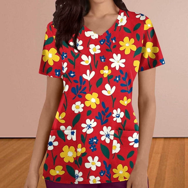 FcBaudy Hauts pour Femmes, Blouses et Chemises à Manches Courtes Col en V Mode Décontractée pour Femmes Robe d'Infirmière à Manches Courtes Imprimée pour la Saint-Valentin avec Poche Haut en polyester pour Femmes