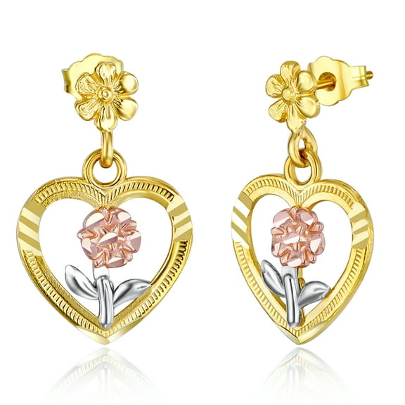 Wellingsale Ladies 14k Tri 3 Color Gold Polished Diamond Cut Fancy Heart & Flower Dangle Hanging Drop Earrings (13 X 20mm)
