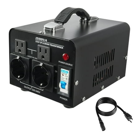 KFFKFF Voltage Converter Transformer, 1500VA, Durable Step Up/Down Power Transformer, Switches Between 110V and 220V, Equipped with US and EU Outlets, Power Cord, and Circuit Breaker Protection