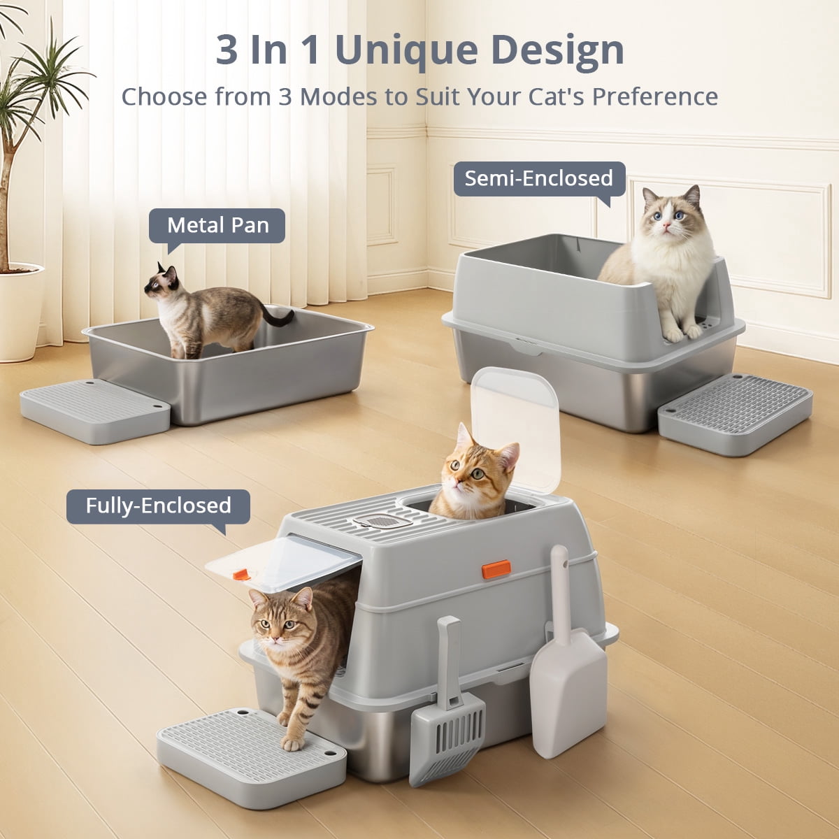 3IN1 Stainless Steel Cat Litter Box with Lid, DOMIPET XL Cat Litter Pan, Enclosed Metal Litter Box with 2x Litter Scoop & Filter Pedal, Front & Top Dual Entry