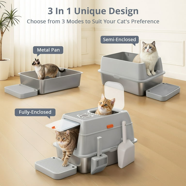 3IN1 Stainless Steel Cat Litter Box with Lid, DOMIPET XL Cat