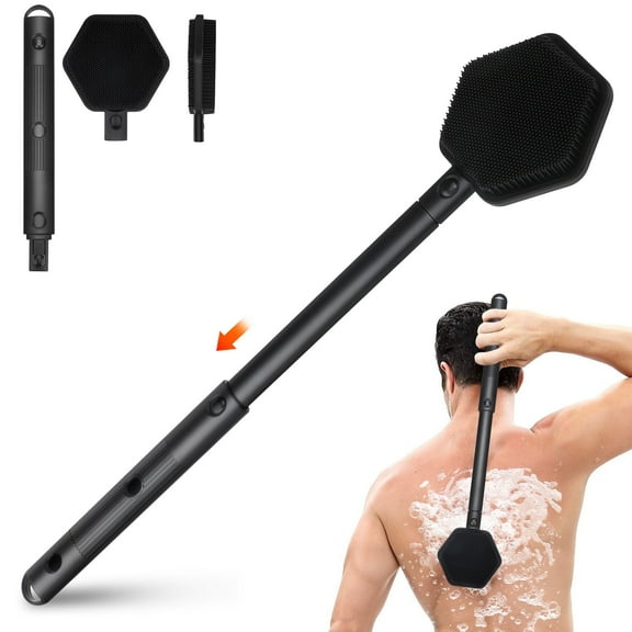 Silicone Back Scrubber for Shower, TSV 21" Long Handle Telescopic Bath Brush, Double Sided Shower Brush for Men Women, Black