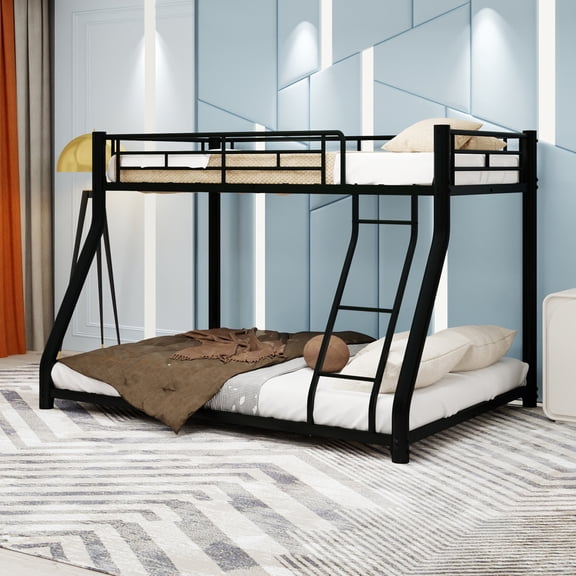 Twin over Full Size Bunk Bed with Ladder and Full-Length Guardrail, Heavy Duty Metal Bunk Bedframe for Teens Adults, Noise Free