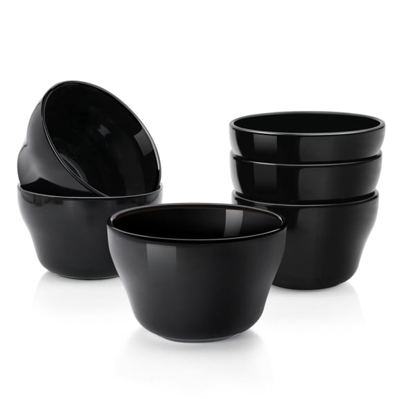 Flexzion Bouillon Cup and Soup Bowls 8 oz - Porcelain 8 Ounce Small Dessert Bowls, Dipping Sauce Bowls, Set of 6, Microwave and Dishwasher Safe, Black