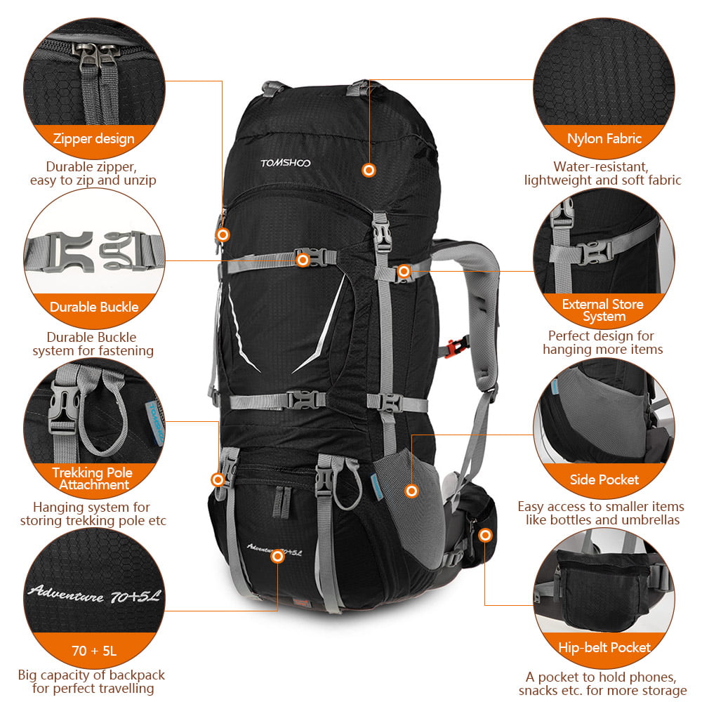TOMSHOO 70+5L Internal Frame Backpack Water-Resistant hiking Backpack 