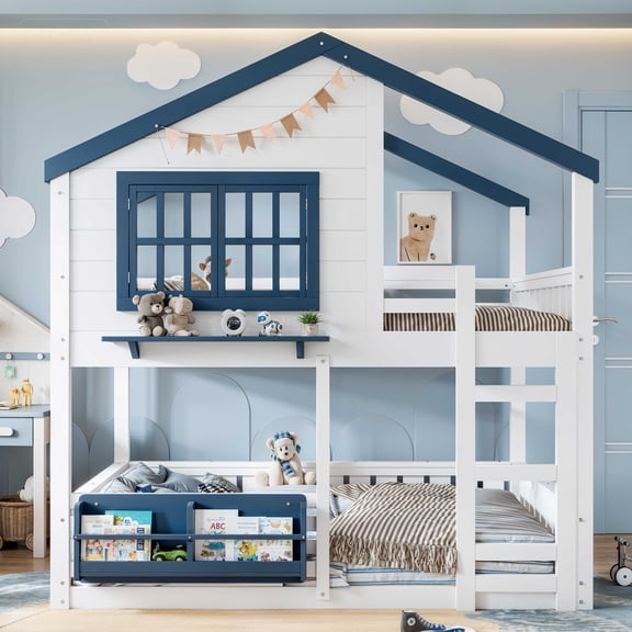 Full Size Kids Wood House Bunk Bed with Bookshelf and Guardrails, White Blue